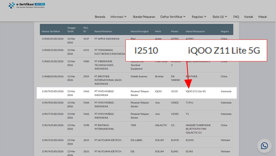 iQOO Z11 Lite has appeared on the Postel certification database page from Komdigi on March 12, 2026. (Screenshot 91Mobiles Indonesia)