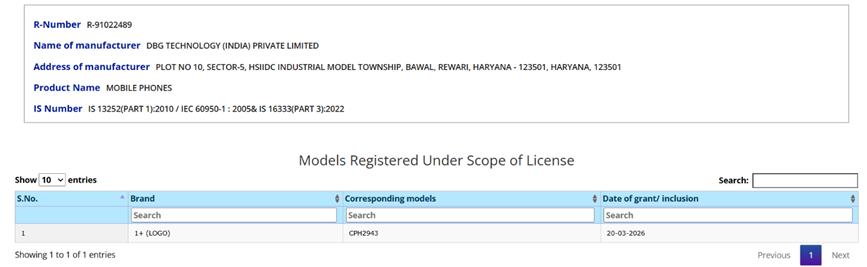 OnePlus smartphone BIS certification. (Screenshot by @Sudhanshu1414 on X)
