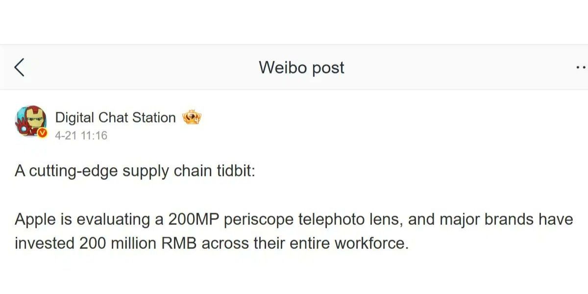 Apple is considering adding a 200MP telephoto or periscope-style zoom camera (Pic Credit: @_techibee on X)