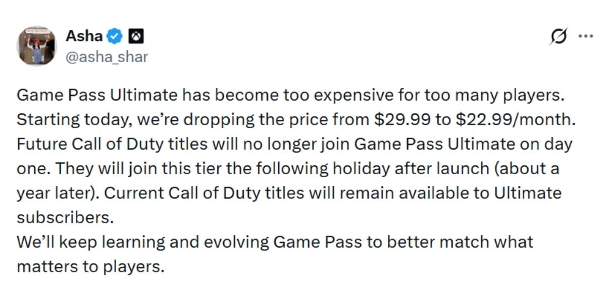 Xbox CEO Asha Sharma announced price cut for Game Pass Ultimate on X