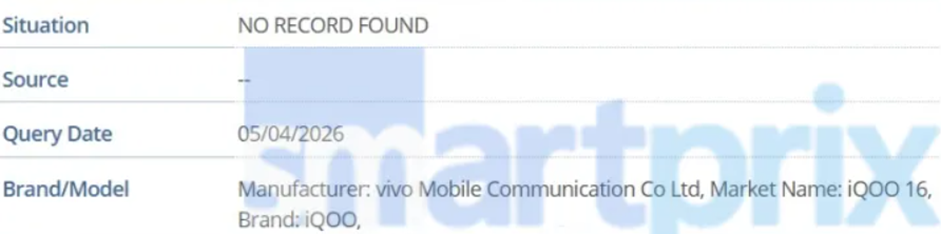 iQOO 16 on GSMA Database. (Screenshot by Smartprix)