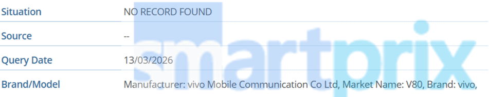 Vivo V80 on GSMA Database. (Screenshot by Smartprix)