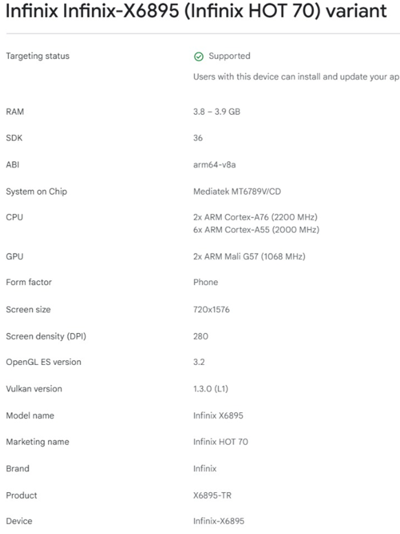 Infinix Hot 70 Google Play Console listing,