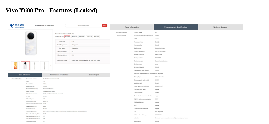 Vivo Y600 Pro on China Telecom listing. (Screenshots by Xpertpick)