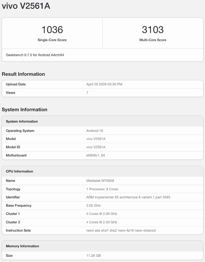 Vivo Y600 Pro on Geekbench. (Screenshots by Xpertpick)
