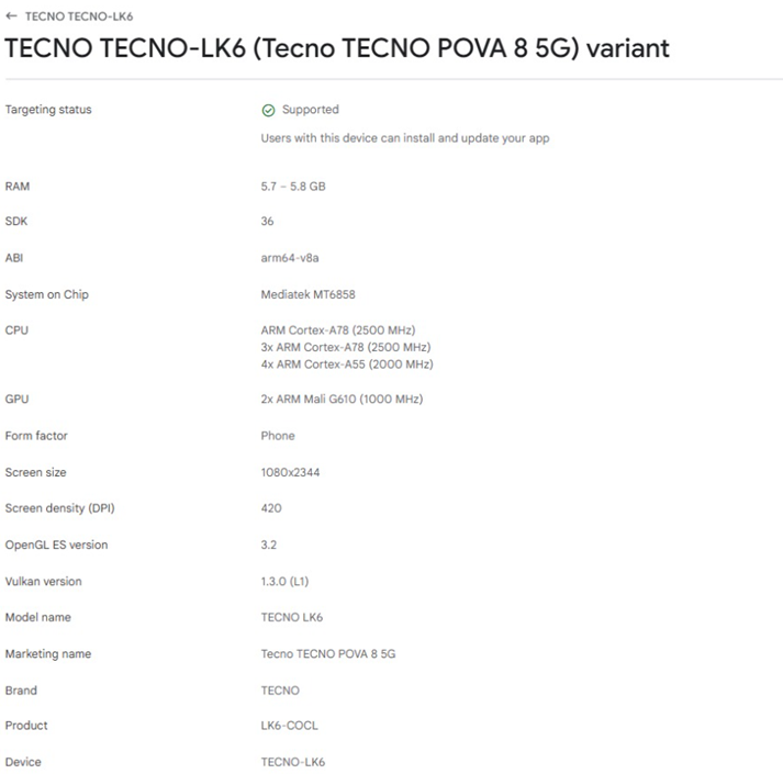 Tecno Pova 8 5G Google Play Console. (Via Xpertpick)