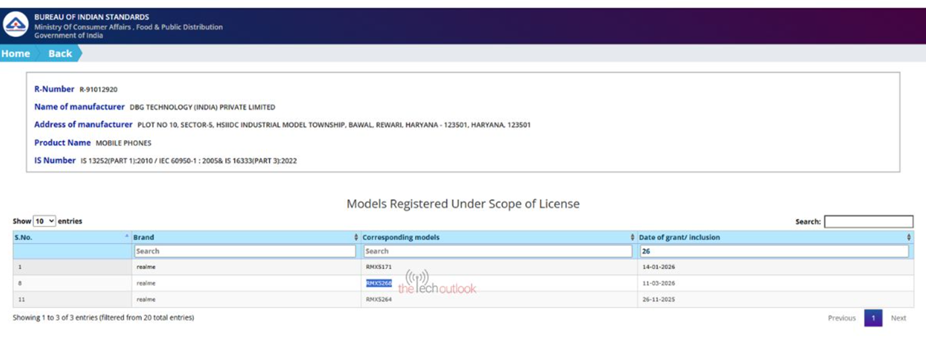 Realme 16T 5G on Indian BIS Certification. (Screenshot by TheTechOutlook)