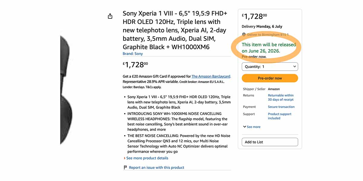 Amazon listing suggests Sony Xperia 1 VIII will be priced at £1,728 and is expected to go on sale on June 26
