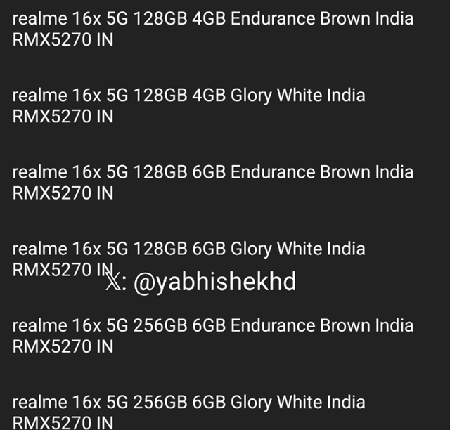 Realme 16x expected colours and memory variants. (Credit - @yabhishekhd on X)