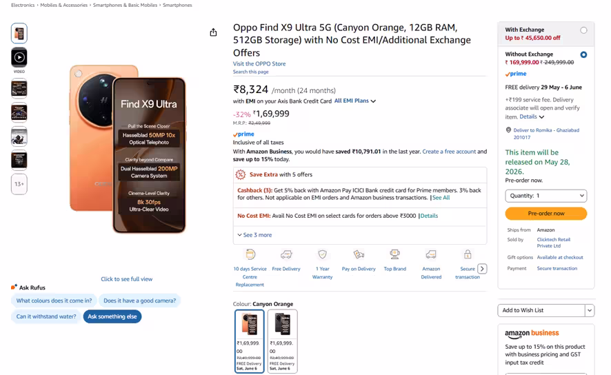 Oppo Find X9 Ultra on Amazon.