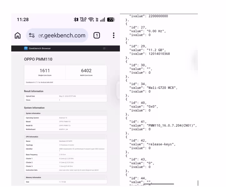 OPPO Reno 16 Geekbench Listing. (Screenshot by @yabhishekhd)