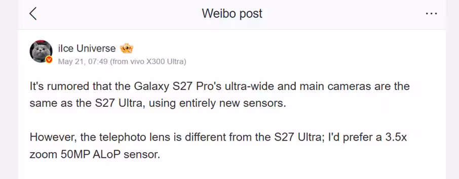 Tipster Ice Universe’s post on Weibo. (Translated via Google Translate)