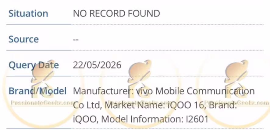 iQOO 16 5G on IMEI database. (Credit - PassionateGeekz)