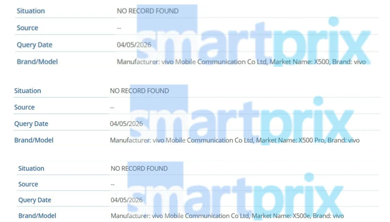 Vivo X500 series models spotted in GSMA database. (Screenshots via Smartprix)