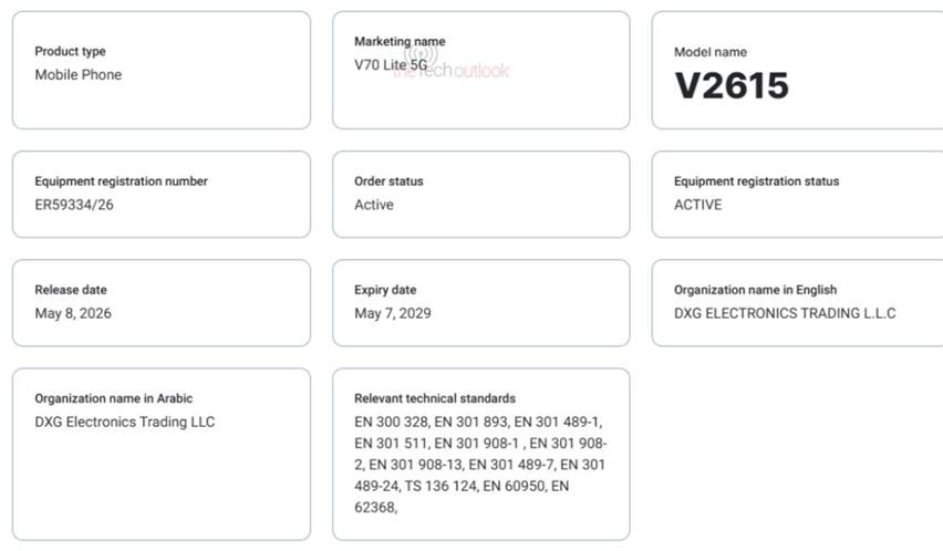 Vivo V70 Lite 5G on UAE’s TDRA and Bluetooth SIG listing. (Screenshot by TheTechOutlook)