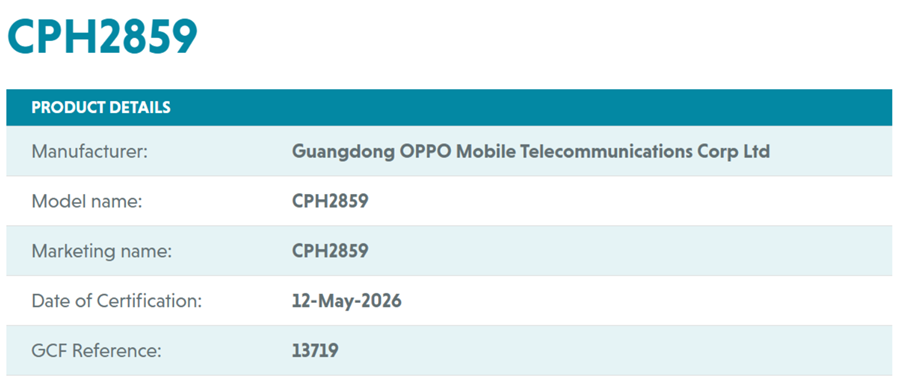Oppo phone with model number CPH2859 on GCF. (Screenshot by Xpertpick)