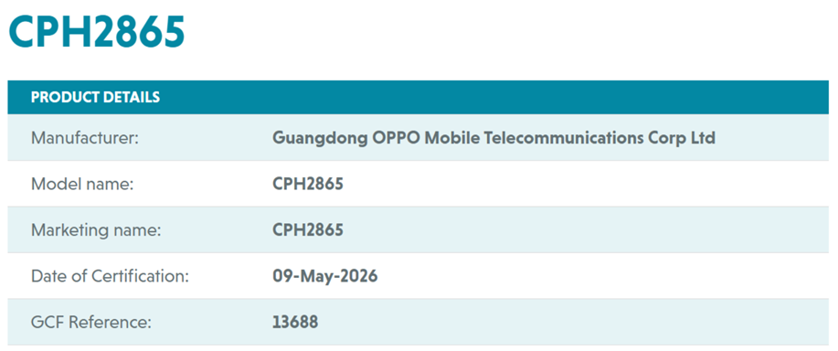 Oppo phone with model number CPH2865 on GCF. (Screenshot by Xpertpick)