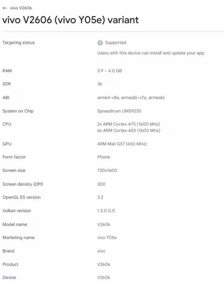 Vivo Y05e Listed on Google Play Console. (Screenshot by Xpertpick)