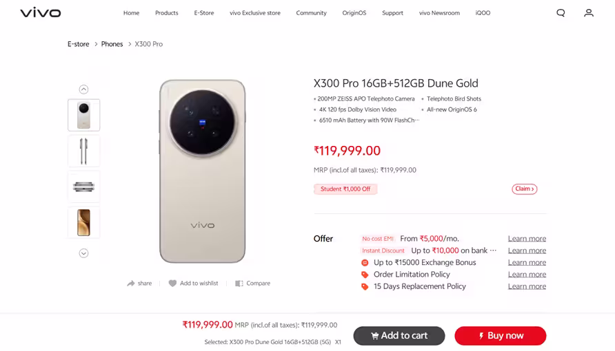 Vivo X300 Pro on Vivo online store. (Image credit - Vivo)