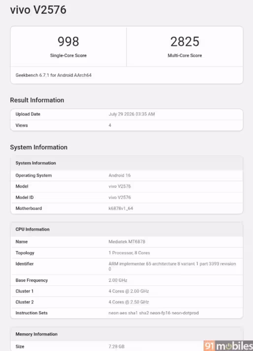 Vivo S2 Geekbench Listing. (Screenhot by 91Mobiles)