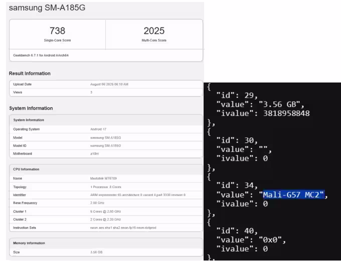 Samsung Galaxy A18 4G Geekbench Listing. (Screenshots by 91Mobiles)
