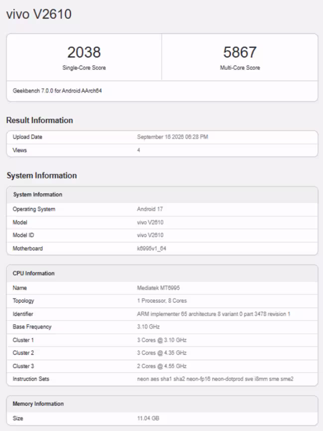Vivo X500 Pro Max Global Variant on Geekbench. (Screenshot by @ZionsAnvin on X)